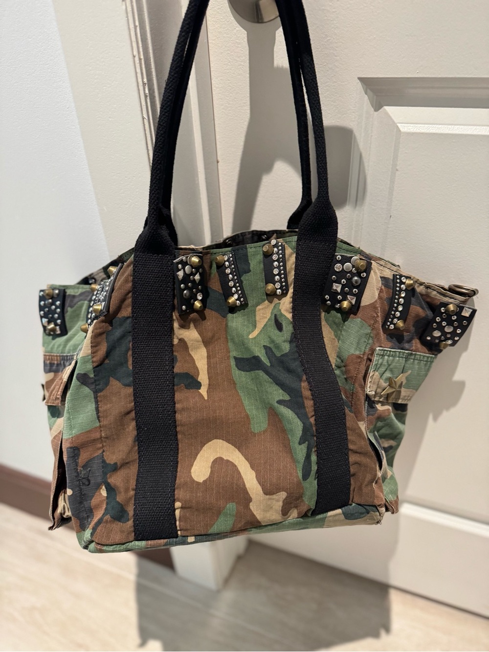 Free People Camouflage Canvas Tote with Studded Trim and Black Handles - Picture 5 of 7